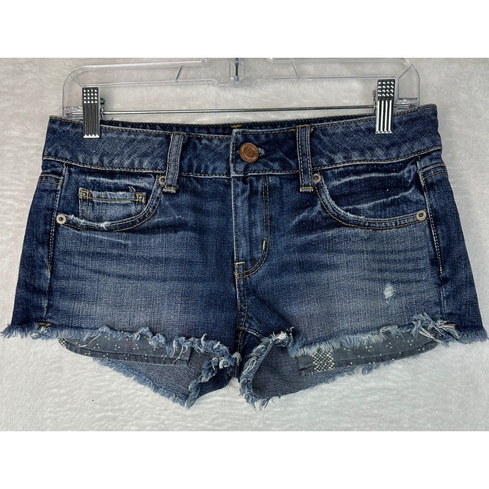 American Eagle Denim Shorts Women 2 Blue Cut Off Frayed Hem Low Rise